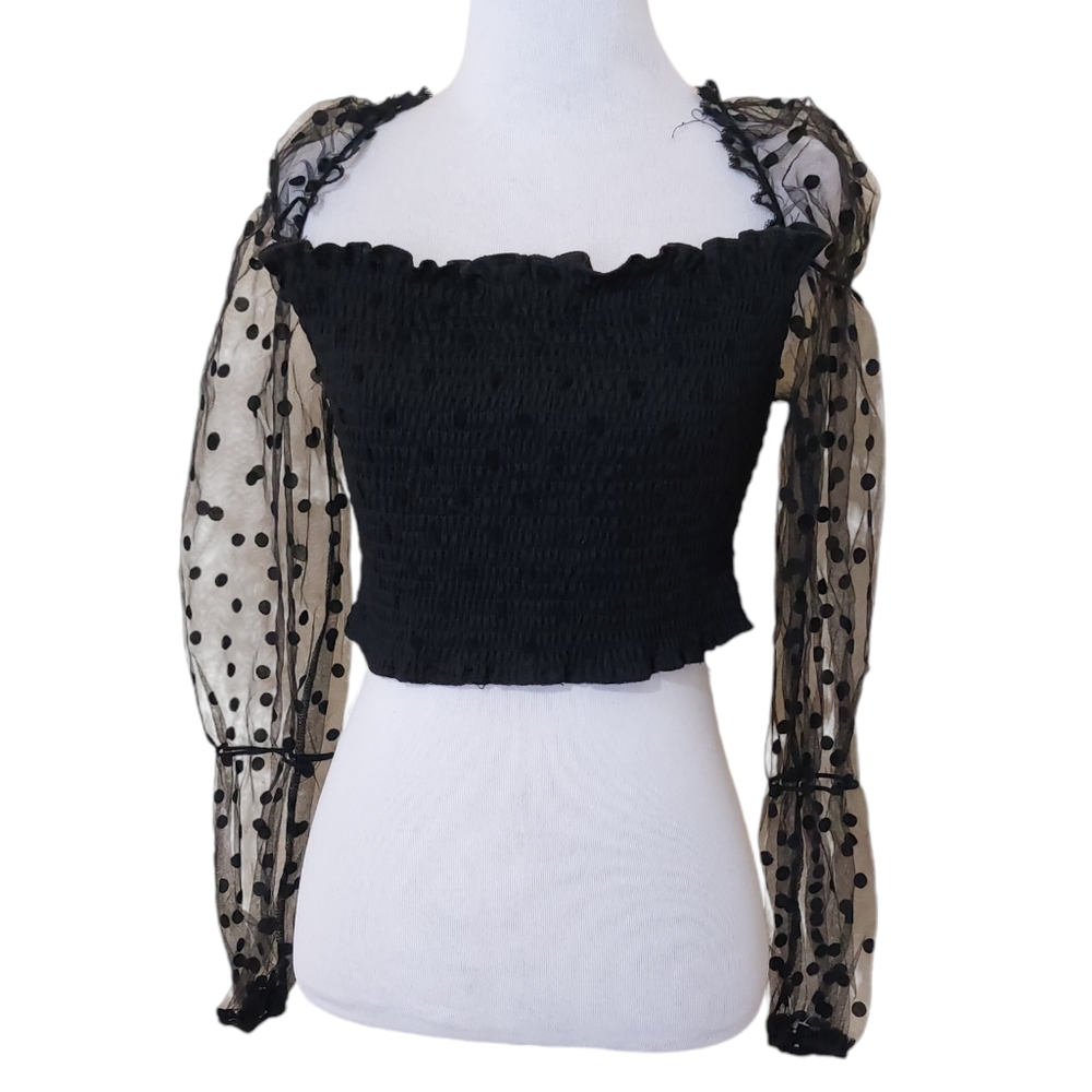 Black Polka Dot Sheer Off Shoulder Ruffle Cropped Whimsy Goth Long Sleeve Blouse